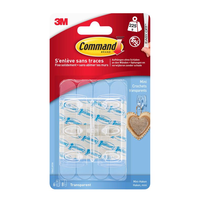 Μία συσκευασία Command™ Mini-Haken, διαφανής, 17006CLR από την 3M Deutschland GmbH περιέχει 6 διαφανείς γάντζους και 8 διαφανείς λωρίδες. Η μπλε-κόκκινη συσκευασία έχει γαλλικές και αγγλικές πληροφορίες, ιδανική για να στερεώνετε χωρίς ίχνη στο χώρο σας.