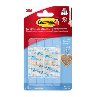 Μία συσκευασία Command™ Mini-Haken, διαφανής, 17006CLR από την 3M Deutschland GmbH περιέχει 6 διαφανείς γάντζους και 8 διαφανείς λωρίδες. Η μπλε-κόκκινη συσκευασία έχει γαλλικές και αγγλικές πληροφορίες, ιδανική για να στερεώνετε χωρίς ίχνη στο χώρο σας.