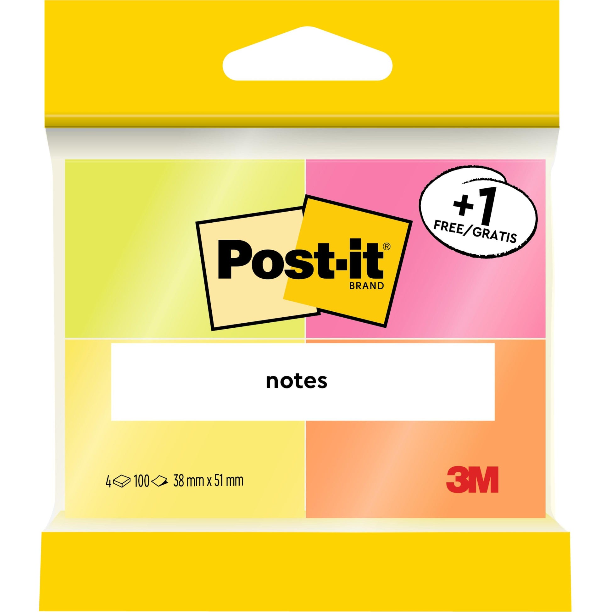 Eine Packung PEFC-zertifizierter Post-it® Notes (3M Deutschland GmbH) in verschiedenen Neonfarben, 38 x 51 mm, 100 Blatt pro Block, mit 3 Blöcken plus 1 gratis. Die Werbeverpackung enthält die Aufschrift "+1 Gratis" und "Notizen".