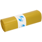 Eine Rolle EMIL DEISS KG (GmbH + Co.) DEISS 13004 Müllsäcke (700x1100x0,07 mm, gelb, 25 Stück) ist mit einem weißen Etikett mit blauem Text und Logo versehen. Der schlichte weiße Hintergrund hebt diese Säcke für eine einfache Abfallentsorgung hervor.