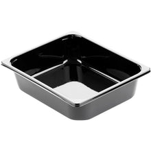 Die CPET-Schale 1/2 GN Schwarz CPET 325x265 der Duni GmbH ist eine schwarze rechteckige Backform mit silbern glänzendem Rand, ideal für die professionelle Gastronomie, abgebildet auf weißem Hintergrund.