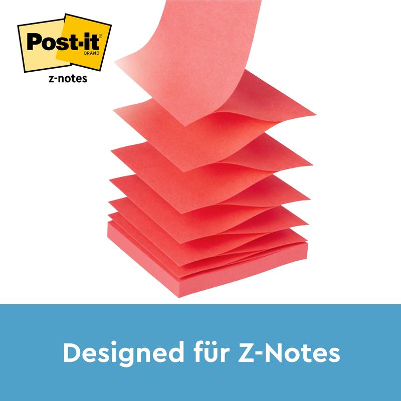 Μια στοίβα από κίτρινες Post-it® Super Sticky Z-Notes (76 x 76 mm, 90 φύλλα), απεικονίζεται σε ένα μαύρο διανομέα PRO της 3M Deutschland GmbH. Το λογότυπο Post-it® εμφανίζεται πάνω αριστερά και "Σχεδιασμένο για Z-Notes" αναγράφεται κάτω σε μπλε φόντο.