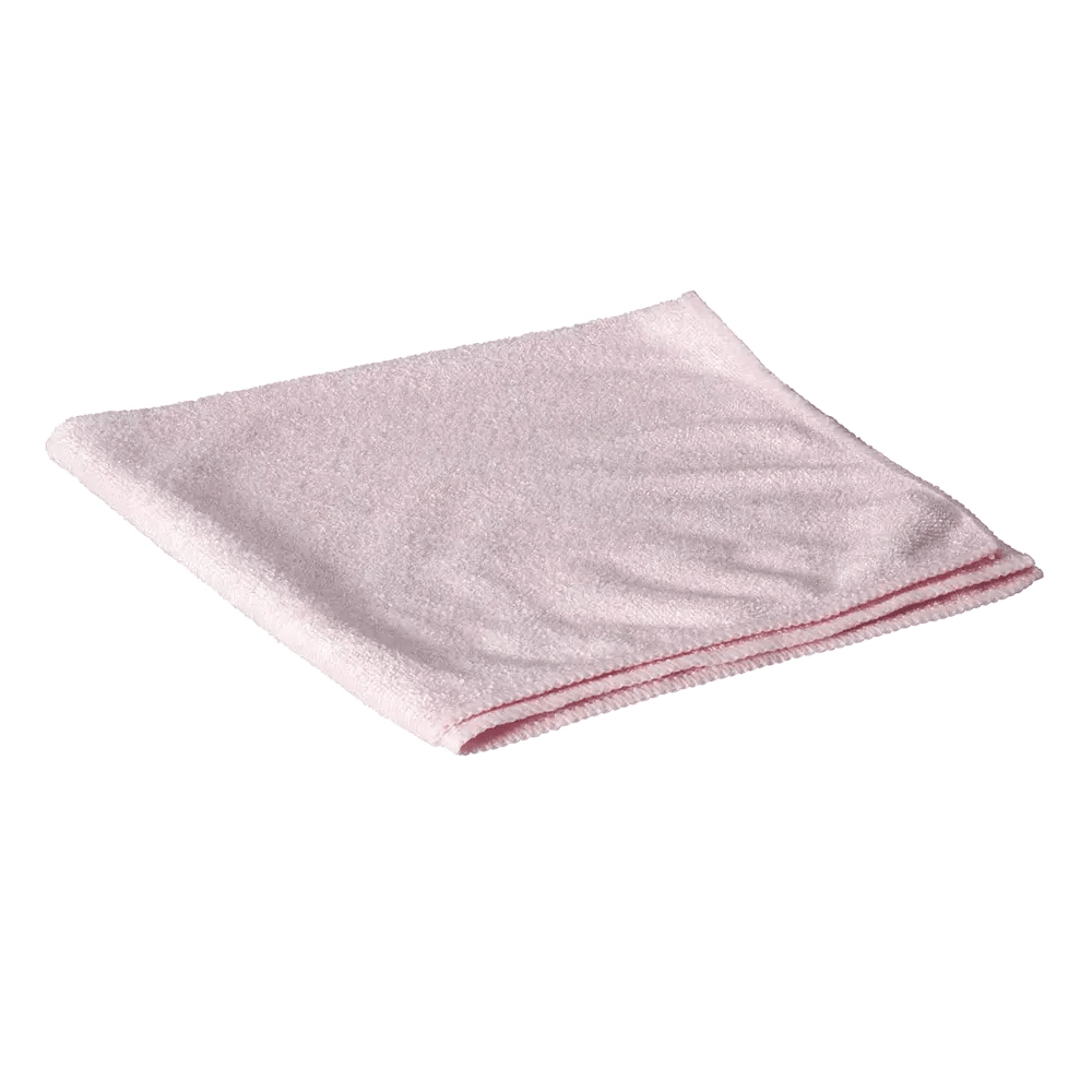 Μια πετσέτα μικροϊνών AMPri Clean Comfort 40 x 40 σε ανοιχτό ροζ, τακτικά διπλωμένη σε απλό λευκό φόντο.