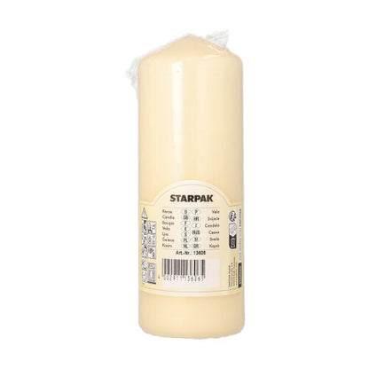 Ένα κυλινδρικό, κρεμ λευκό κερί Starpak (Ø 60 mm, 165 mm) με μεγάλη διάρκεια καύσης, συσκευασμένο σε διαφανή μεμβράνη. Η ετικέτα φέρει την επιγραφή «Starpak» και πολυγλωσσικές λεπτομέρειες προϊόντος.