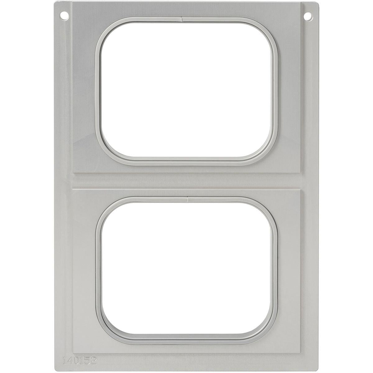 Μια λευκή ορθογώνια συσκευασία με δύο παράθυρα, που μοιάζει με την κασέτα Duni GmbH για δοχεία PP 350, 470, 630 ml - Πρακτική αποθήκευση (1 τεμάχιο).