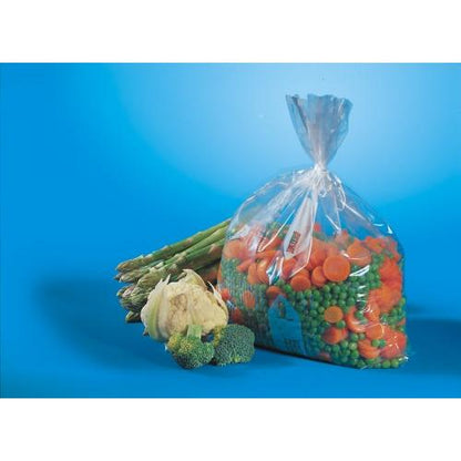 Μία διαφανής σακούλα κατάψυξης Starpak 100 (1 l, 24 cm x 16 cm) περιέχει κατεψυγμένα ανάμεικτα λαχανικά και βρίσκεται δίπλα σε φρέσκο σπαράγγι, κουνουπίδι και μπουκετάκια μπρόκολου σε μπλε φόντο.