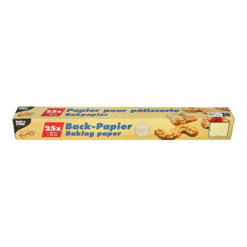 Τα κομμένα χαρτιά ψησίματος της PAPSTAR GmbH (38x42 εκ., καφέ) έρχονται σε ένα ορθογώνιο πτυσσόμενο κουτί με 25 φύλλα και πολυγλωσσική ετικέτα, με εικόνες μπισκότων στη συσκευασία.