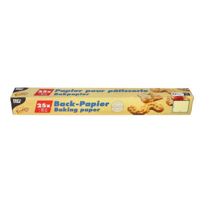 Τα κομμένα χαρτιά ψησίματος της PAPSTAR GmbH (38x42 εκ., καφέ) έρχονται σε ένα ορθογώνιο πτυσσόμενο κουτί με 25 φύλλα και πολυγλωσσική ετικέτα, με εικόνες μπισκότων στη συσκευασία.