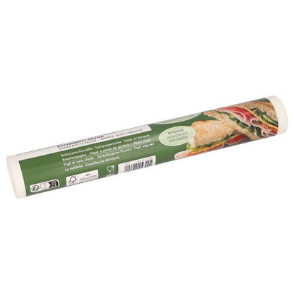 PAPSTAR Χαρτί βουτύρου 25x30 cm, λευκό, 100 φύλλα με πράσινη ζώνη δείχνει οδηγίες χρήσης και μια φωτογραφία σάντουιτς - τέλειο για τη συσκευασία σνακ ή σάντουιτς.