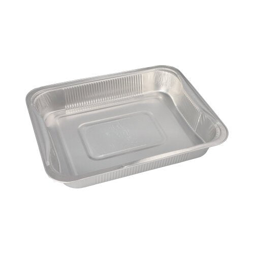 Το Starpak 3 Gastronorm-Behälter είναι ένα ορθογώνιο δοχείο μιας χρήσης από αλουμίνιο (3,4 l, 5 x 26,2 x 32,2 cm), ιδανικό για την αποθήκευση τροφίμων ή ως GN-Behälter. Εικόνα κενή μπροστά από λευκό φόντο. Συσκευασία 3 τεμαχίων σε συρρίκνωση φιλμ.
