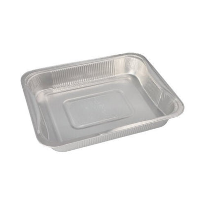 Το Starpak 3 Gastronorm-Behälter είναι ένα ορθογώνιο δοχείο μιας χρήσης από αλουμίνιο (3,4 l, 5 x 26,2 x 32,2 cm), ιδανικό για την αποθήκευση τροφίμων ή ως GN-Behälter. Εικόνα κενή μπροστά από λευκό φόντο. Συσκευασία 3 τεμαχίων σε συρρίκνωση φιλμ.
