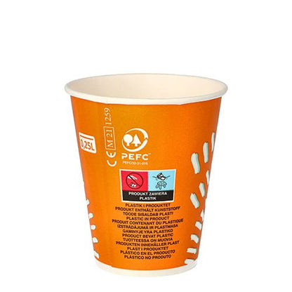 Τα ποτήρια Starpak 100 για κρύα ποτά από χαρτόνι (0,25 l), πορτοκαλί με λευκά γραφικά, είναι πιστοποιημένα από το PEFC και δεν είναι κατάλληλα για ανακύκλωση πλαστικού.
