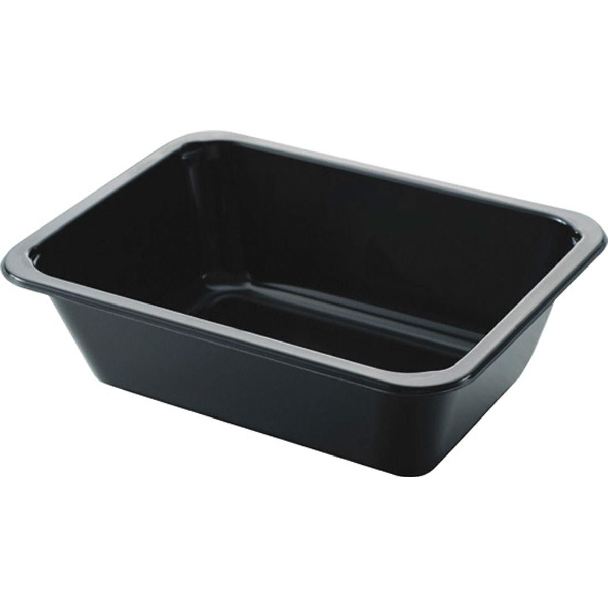 Ο δίσκος CPET Take-Away klein Schwarz της Duni GmbH είναι ένας ορθογώνιος, μαύρος γυαλιστερός περιέκτης με ελαφρώς κεκλιμένες πλευρές, που απεικονίζεται κενός σε λευκό φόντο - τέλειος για χρήση για φαγητά για το σπίτι.