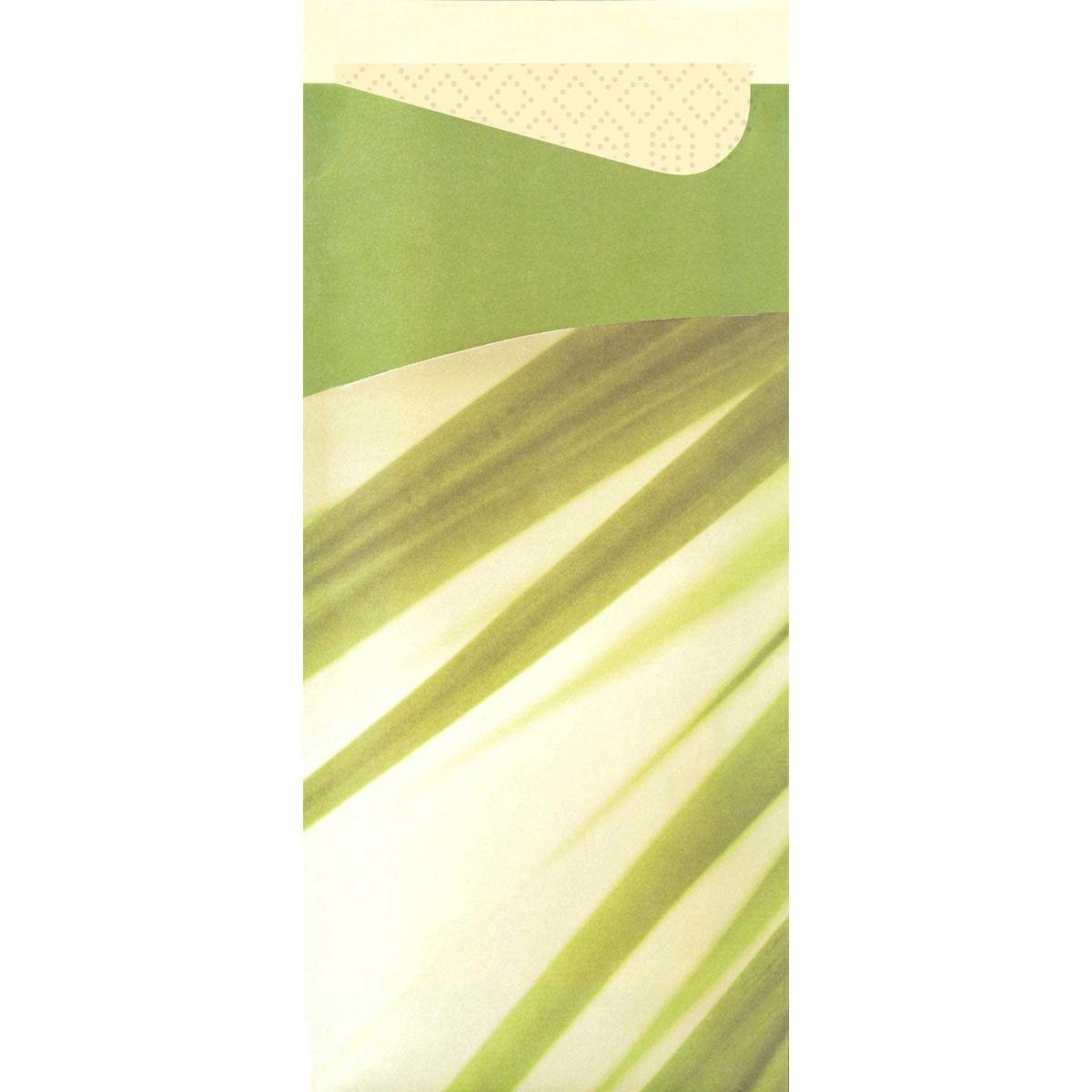 Μια κοντινή λήψη του Sacchetto Zelltuch 190 x 85 mm από την Duni GmbH, σε πράσινο και κρεμ με διαγώνιες πράσινες ρίγες και ένα μονόχρωμο πράσινο, κυματιστό καπάκι, ιδανικό για την αποθήκευση χαρτομάντηλων μιας χρήσης.