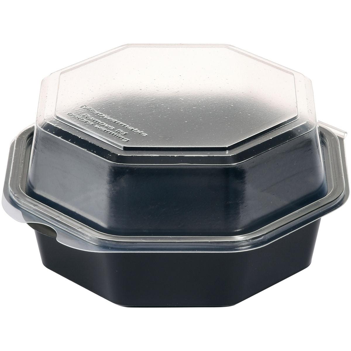 Der Duni GmbH Octaview® Schwarz/Transparent PS 160x160x80 mm Behälter, eine hochwertige Sichtschutzplatte für Lebensmittelaufbewahrung (Packung: 405 Stück), ist auf weißem Hintergrund mit geschlossenem, leicht mattem Deckel abgebildet.