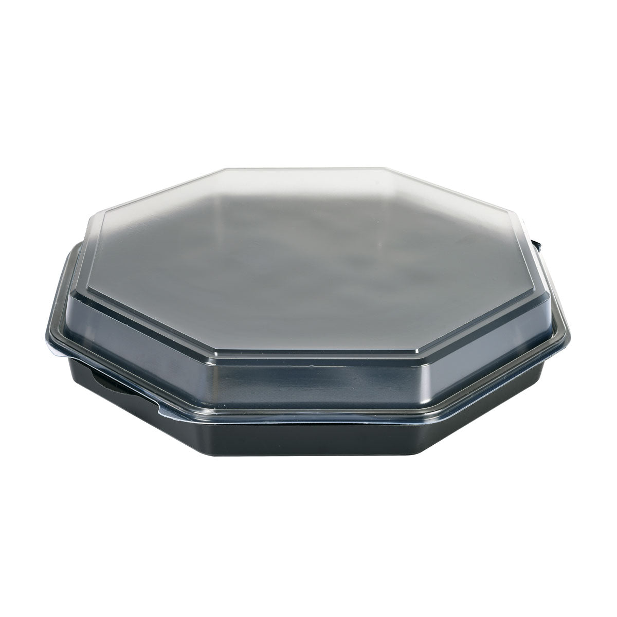 Ένα κλειστό Octaview® Μαύρο/Διαφανές PS 305x305x60 Δοχείο Takeout της Duni GmbH απεικονίζεται σε λευκό φόντο και δείχνει τον πρακτικό του σχεδιασμό για συσκευασίες εστίασης· η συσκευασία περιέχει 75 κομμάτια.