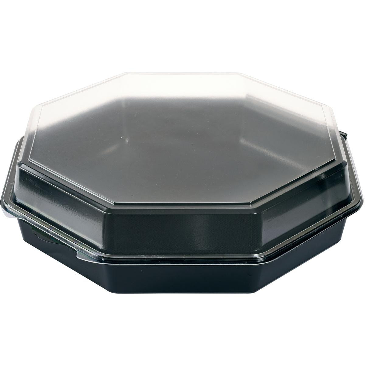 Η Duni GmbH Octaview® PS 305x305x80 είναι ένα μαύρο οκτάγωνο κουτί για φαγητό με διαφανές καπάκι, το οποίο κλείνει από πάνω. Συσκευασμένο ως σετ από 75 υψηλής ποιότητας κουτιά (Μαύρο/Διαφανές).