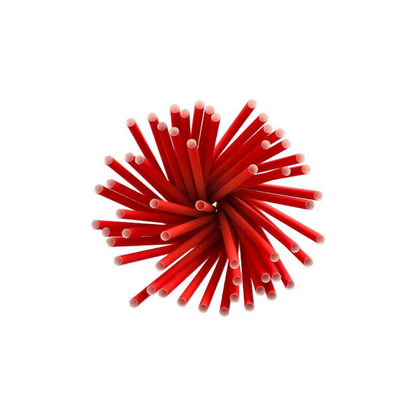 Μια ομάδα βιώσιμων κόκκινων καλαμακιών από χαρτί της μάρκας PAPSTAR Shake με διάμετρο 8 mm και μήκος 25 cm είναι κυκλικά τοποθετημένη με τις λευκές άκρες να δείχνουν προς τα έξω.