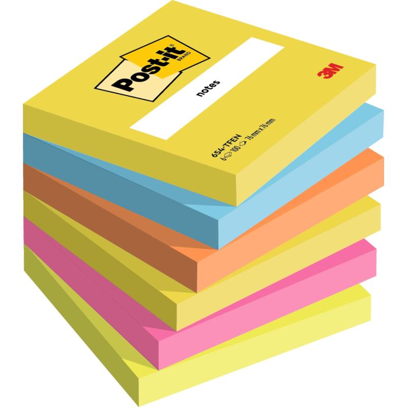 Ένα εξάδα Post-it® Notes 76x76 mm (Energetic Collection) από την 3M Deutschland GmbH, με 100 φύλλα ανά μπλοκ σε διάφορα χρώματα ταξινομημένα. Κατασκευασμένα από 100% χαρτί πιστοποιημένο από PEFC (SGSCH-PEFC-COC-110078) για βιωσιμότητα.