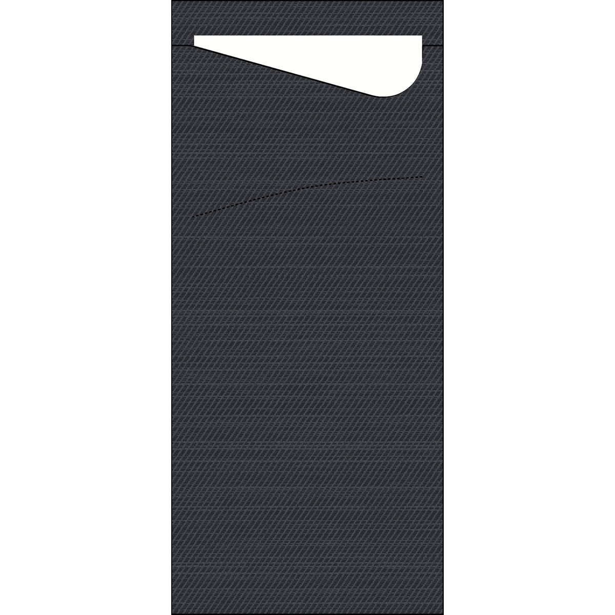 Το Sacchetto Zelltuch 190 x 85 mm από την Duni GmbH είναι ένας μαύρος, δομημένος φάκελος με ένα διαγώνιο καπάκι, που είναι μερικώς ανοιχτό και αποκαλύπτει ένα λευκό φύλλο στο εσωτερικό.