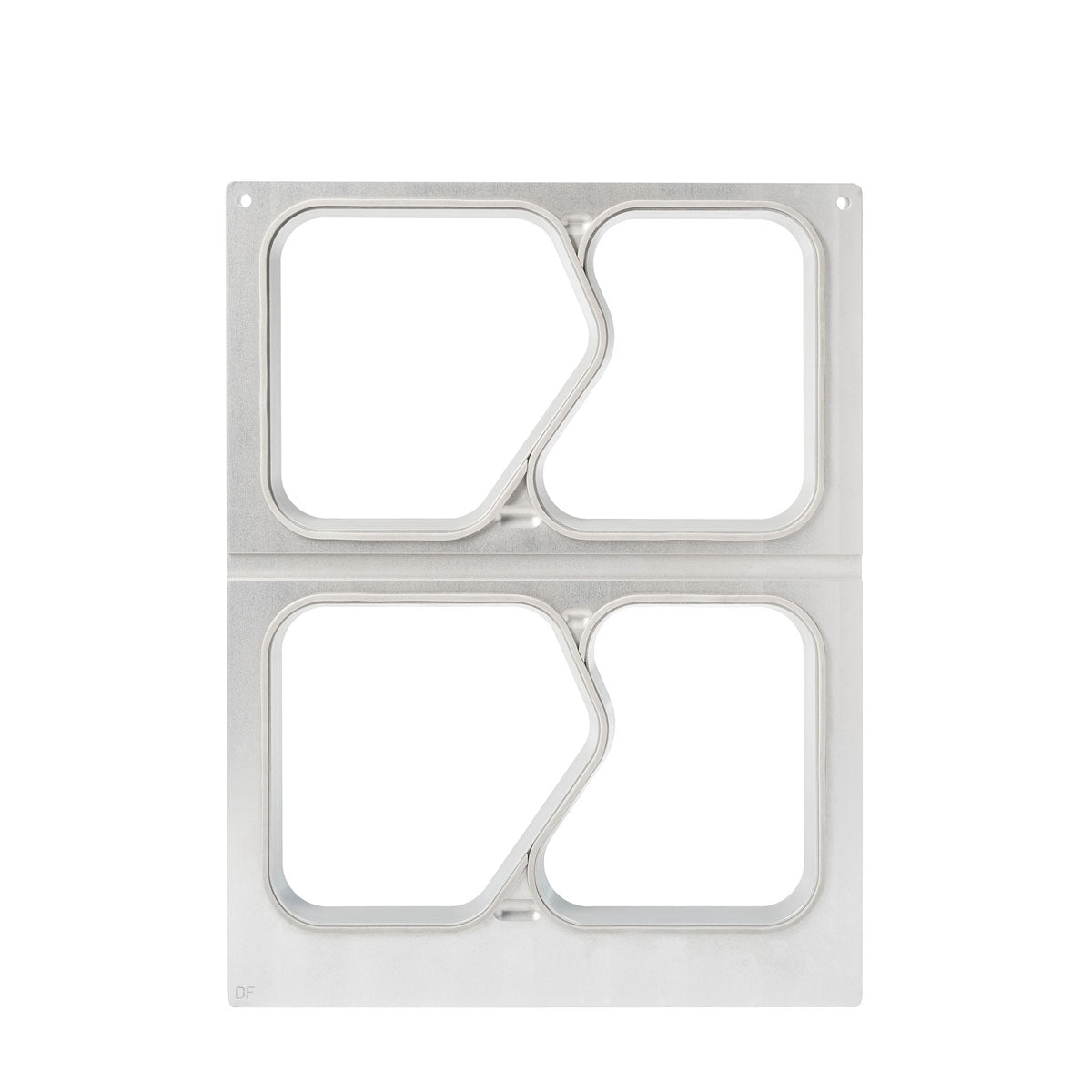 Μια ορθογώνια μεταλλική κασέτα DF15/25 για PP 1/4 GN δίσκους μενού 630 ml από την Duni GmbH με δύο ίδιες τετράγωνες ανοίξεις, που χωρίζονται από έναν λοξό ζιγκ-ζαγκ διαχωριστή, φωτογραφημένη μπροστά από ένα λευκό φόντο.