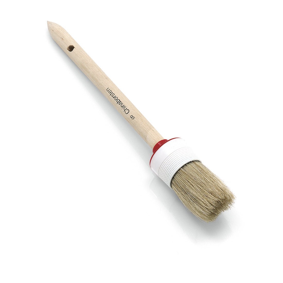 Το βιομηχανικό πινέλο δακτυλίου Nölle Profi Brush με ανοιχτόχρωμο μείγμα τριχών, πλαστική λαβή, ανοιχτό ξύλινο χερούλι, κόκκινο δακτύλιο και τρύπα για κρέμασμα απεικονίζεται σε λευκό φόντο. Μάρκα: Nölle Profi Brush Bürsten- & Pinseltechnik e.K.