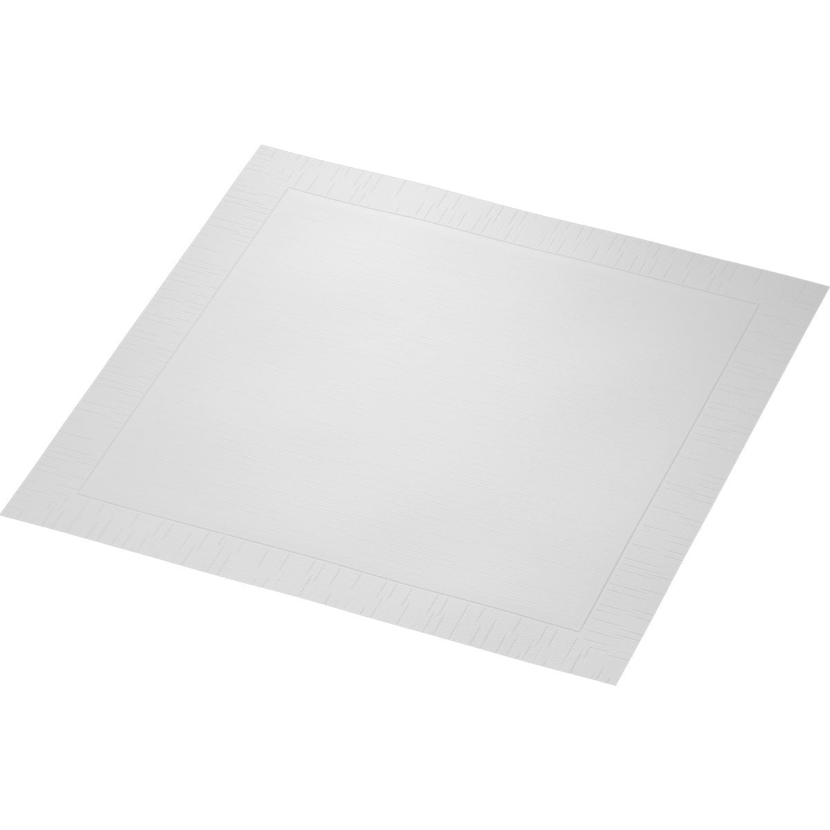 Μια μεμονωμένη πετσέτα Duni GmbH Klassikservietten 40 x 40 cm 4 στρώσεων, ανάγλυφη 1/4 Falz παρουσιάζεται διαγώνια σε ένα μονόχρωμο φόντο και δείχνει την διακριτική ανάγλυφη άκρη της και το λείο κέντρο.