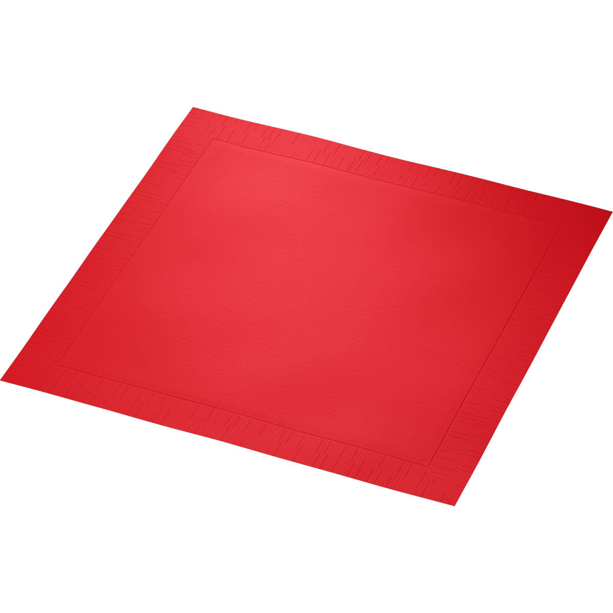 Μια κόκκινη χάρτινη πετσέτα Duni GmbH Klassikservietten, 40 x 40 cm, 4 στρώσεων, ανάγλυφη με μια διακριτική μπορντούρα και 1/4 Falz, απεικονίζεται επίπεδη σε λευκό φόντο.