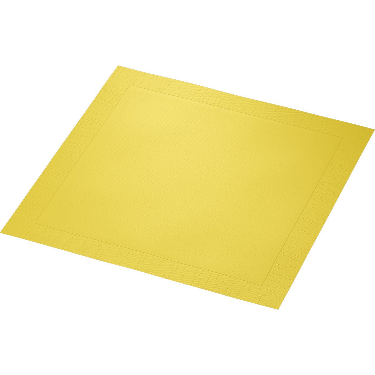 Μια τετράγωνη κίτρινη χάρτινη πετσέτα Duni GmbH Klassikservietten, 40 x 40 cm, 4 στρώσεων, ανάγλυφη με 1/4 Falz, βρίσκεται επίπεδη σε λευκό φόντο.