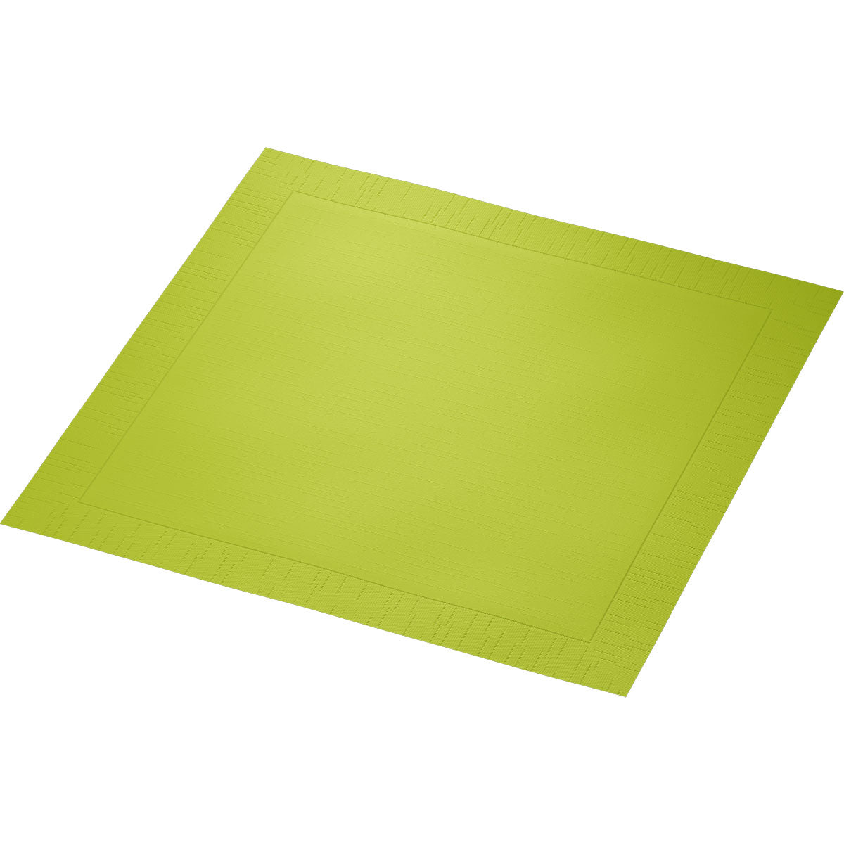 Μια μεμονωμένη πετσέτα Duni GmbH Klassikservietten 40 x 40 cm 4 στρώσεων, ανάγλυφη 1/4 Falz σε ανοιχτό πράσινο απεικονίζεται σε λευκό φόντο και δείχνει το λείο κέντρο της και την μοτίβο άκρη.