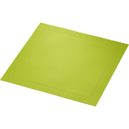 Μια μεμονωμένη πετσέτα Duni GmbH Klassikservietten 40 x 40 cm 4 στρώσεων, ανάγλυφη 1/4 Falz σε ανοιχτό πράσινο απεικονίζεται σε λευκό φόντο και δείχνει το λείο κέντρο της και την μοτίβο άκρη.