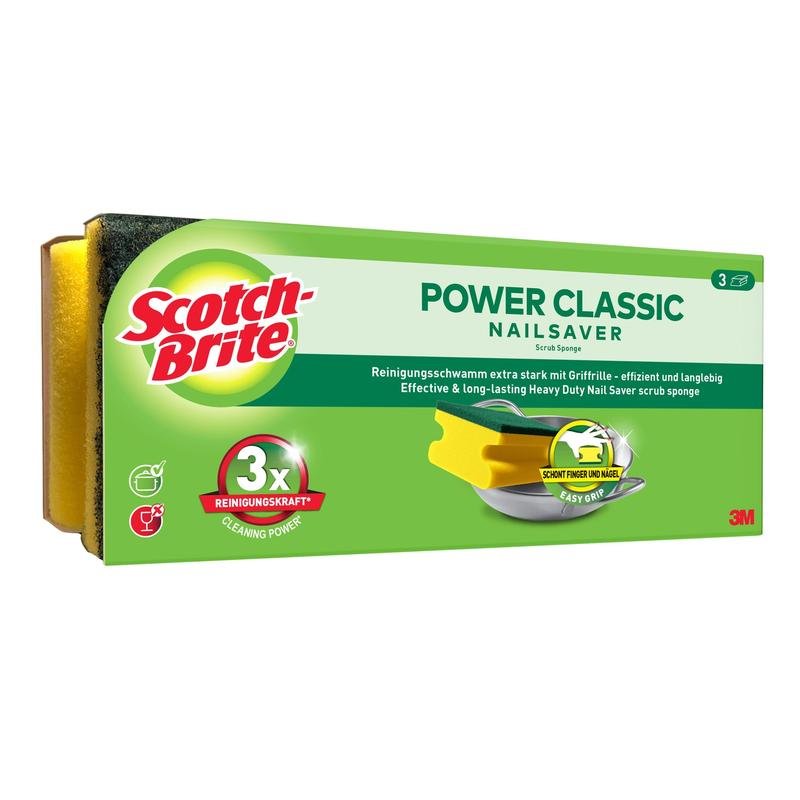 Ένα κουτί Scotch-Brite® Classic Griffschwamm της 3M Deutschland GmbH, με πράσινα και κίτρινα σφουγγάρια με επωνυμία προϊόντος και δύο κίτρινα σφουγγάρια με πράσινες επιφάνειες τρίψιματος για αποτελεσματικό καθαρισμό.