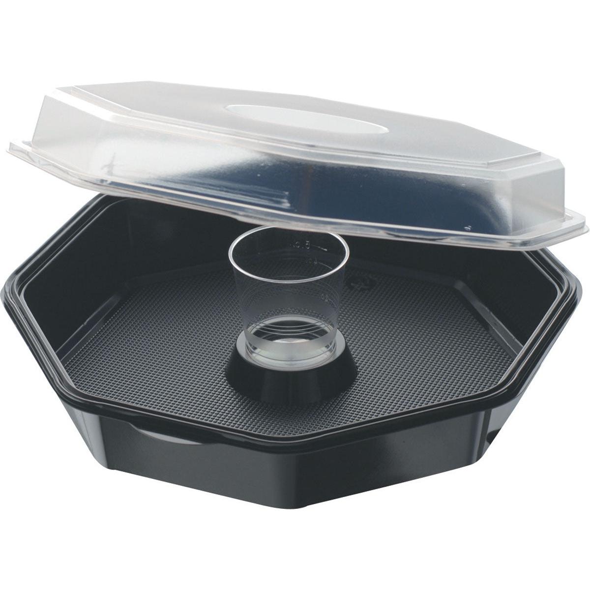 Το Octaview® Schwarz/Transparent PS Tray 190x190x70 από την Duni GmbH (C&C Συσκευασία με 157541, 35 τεμάχια) διαθέτει ένα διαυγές καπάκι θόλου και ένα κεντρικό κύπελλο - ιδανικό για την οργανωμένη παρουσίαση τροφίμων ή ως συσκευασία τροφίμων.