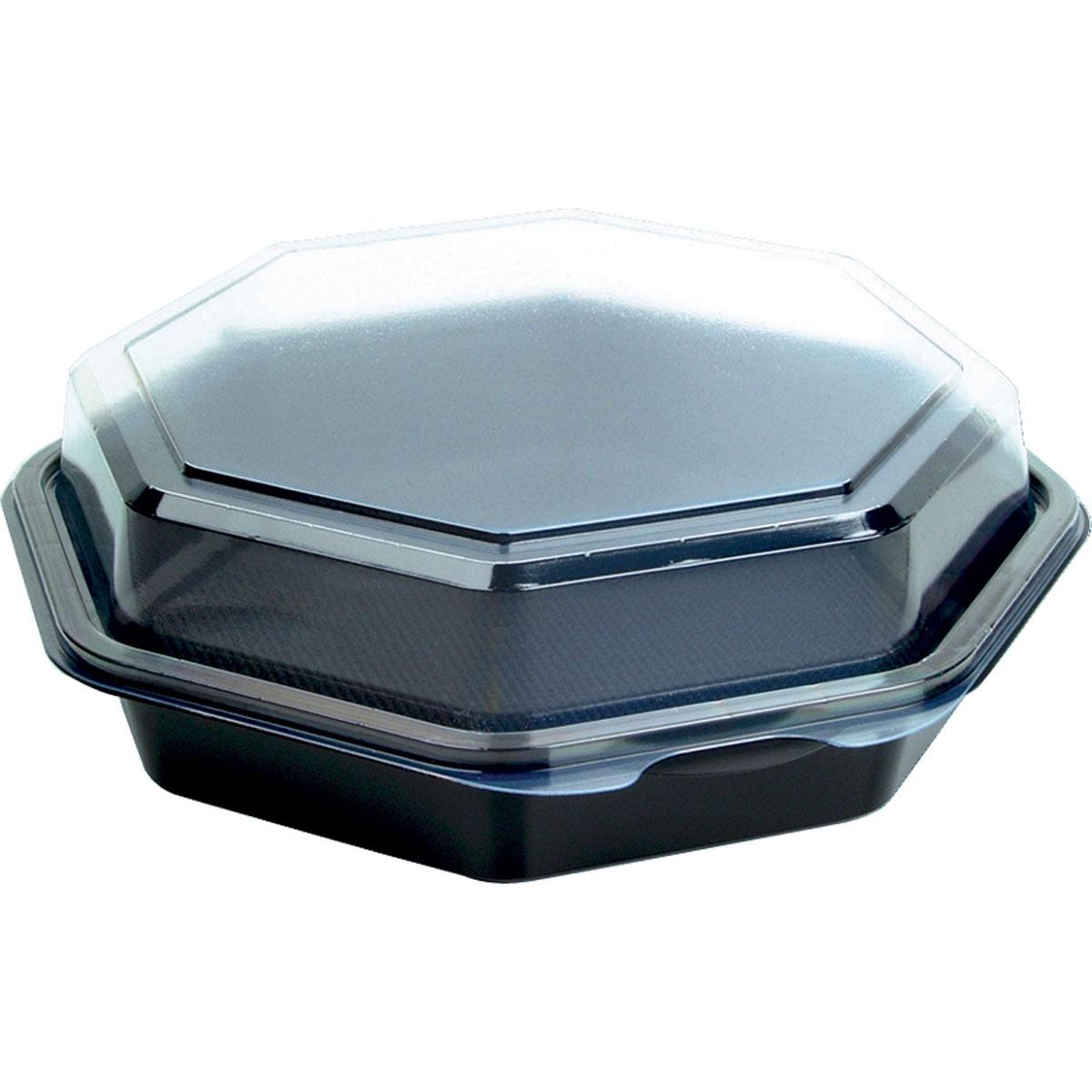 Ένα κλειστό Octaview® (συσκευασία C&C με 127800) Μαύρο/Διαφανές PS 190x190x60 δοχείο μεταφοράς της Duni GmbH, απεικονισμένο σε λευκό φόντο. Συσκευασία με 35 τεμάχια.