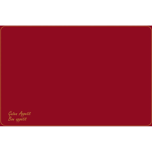 Dieses Dunicel-Tischset (Vesca Norm) 33 x 48 cm der Duni GmbH hat einen kastanienbraunen Hintergrund mit goldenem Rand und abgerundeten Ecken. Unten links steht in gelber Schreibschrift "Guten Appetit" und "Bon appétit" - ideal für einen elegant gedeckten Tisch.