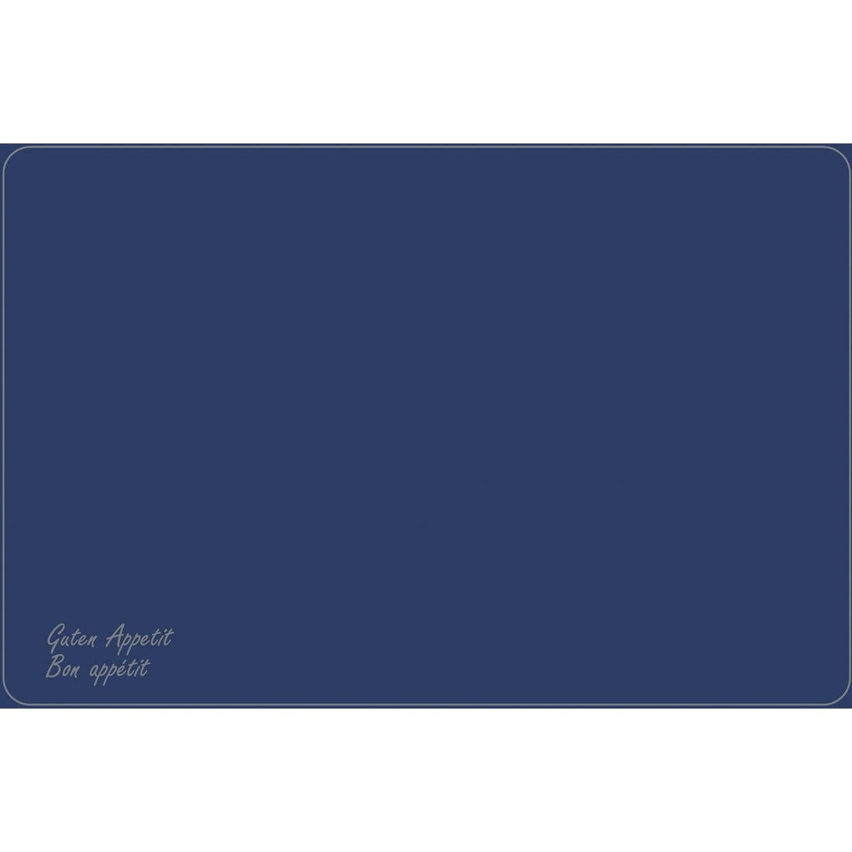 Ένα ορθογώνιο Dunicel-Tischset 33 x 48 cm της Duni GmbH σε σκούρο μπλε, διακοσμημένο με λευκά περιγράμματα και "Guten Appetit" & "Bon appétit" με καλλιγραφία στη γωνία. Ιδανικό για κομψά τραπεζομάντηλα Vesca Norm.