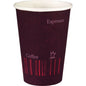 Die Duni GmbH Becher "COFFEE QUICK" PAP/PE Becher (50 Stück) haben ein dunkelrotes und schwarzes Design mit "Espresso", "Coffee", einem Tassensymbol und vertikalen Linien - ideal als auslaufsicherer Coffee to go Becher.