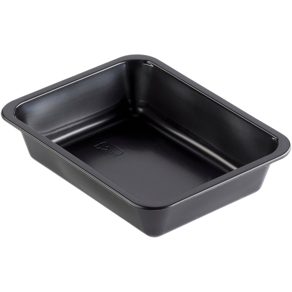 Το πιάτο PP Caterline 1 Μαύρο PP 227x178 της Duni GmbH απεικονίζεται υπό γωνία, ώστε να φαίνονται οι ελαφρώς στρογγυλεμένες γωνίες, τα ανυψωμένα άκρα και το εσωτερικό του.
