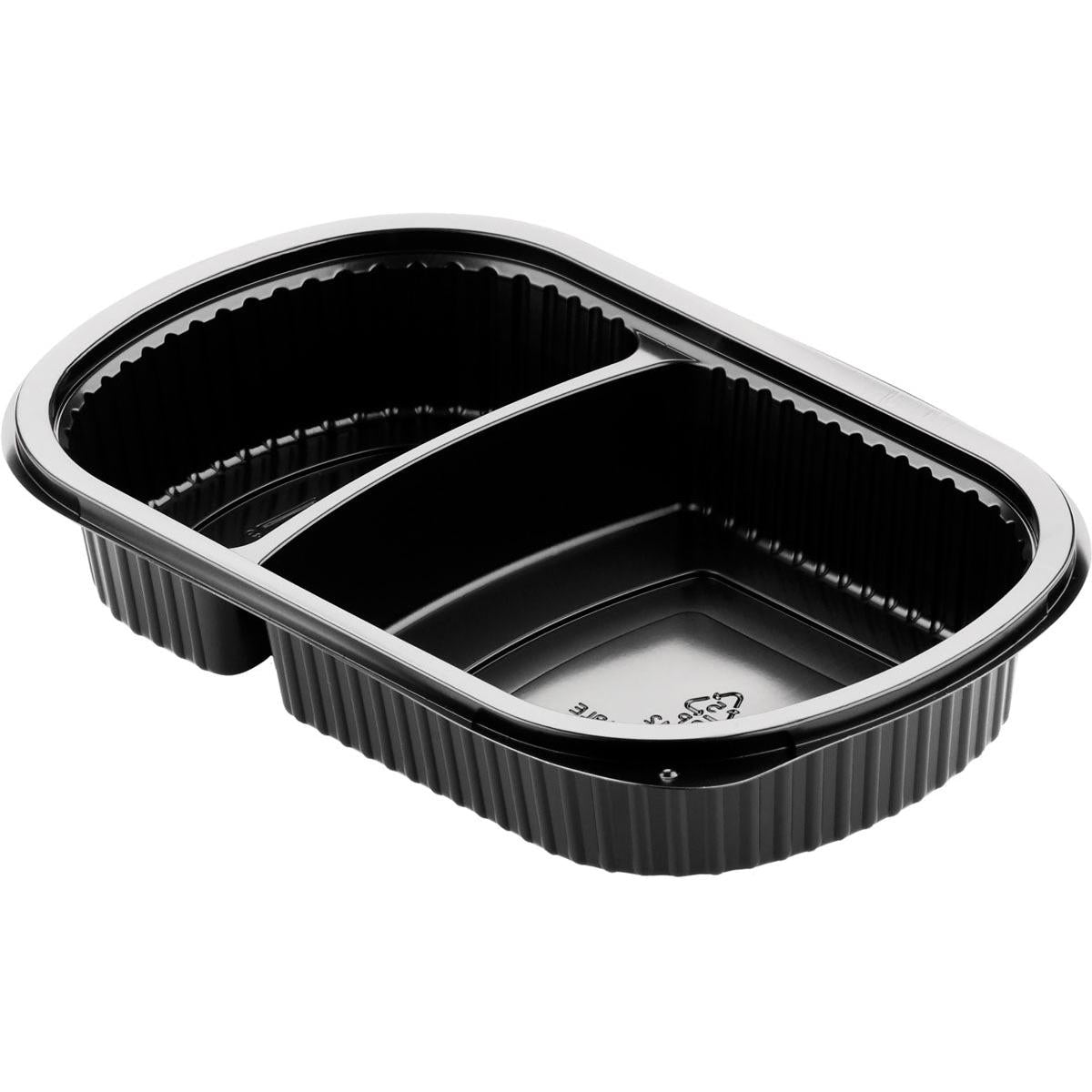 Η Duni GmbH Menübox 2 Schwarz PP 240x150x40, ένα μαύρο δοχείο τροφίμων με δύο διαμερίσματα και ραβδωτό χείλος, είναι ιδανικό για την εστίαση. Παραδίδεται σε συσκευασίες των 50 και απεικονίζεται σε λευκό φόντο.