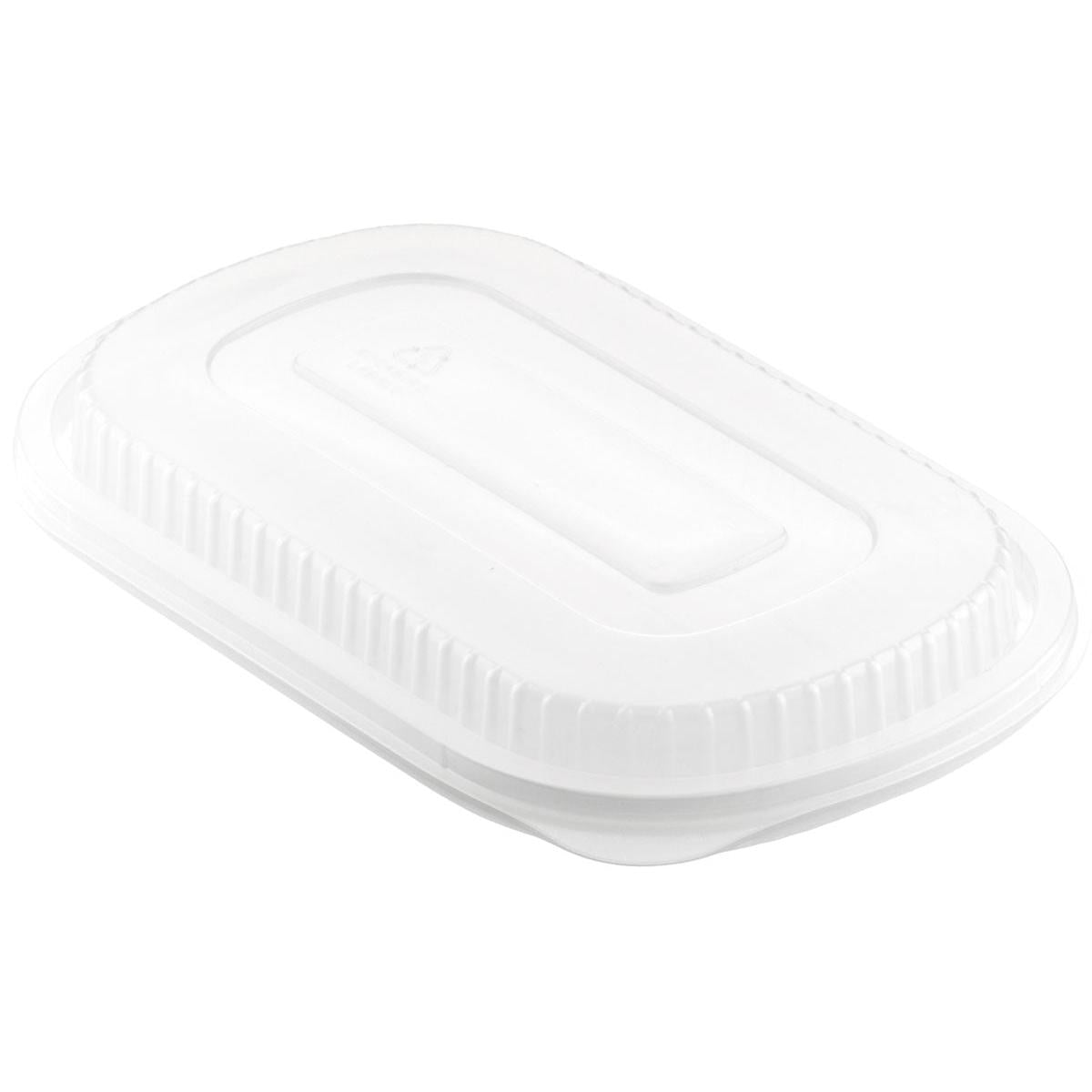 Ένα διαφανές καπάκι PP για 161182 / 161179 (240x150x20) από την Duni GmbH, απεικονίζεται λοξά μπροστά από λευκό φόντο. Η συσκευασία περιέχει 50 τεμάχια.