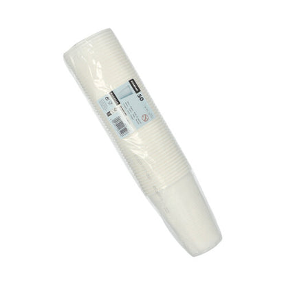 Μια συσκευασμένη στοίβα από 50 λευκά κύπελλα Starpak 0,5L PP (Ø 9,5 cm · 13,7 cm) με αφρώδες χείλος και πληροφορίες προϊόντος σε ορθογώνια ετικέτα που είναι προσαρτημένη στη συσκευασία.