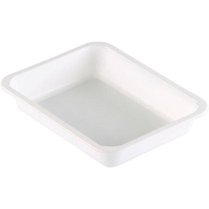Η PP-Schale Caterline 1 Weiß PP 227x178 της Duni GmbH είναι ένας ορθογώνιος, λευκός περιέκτης με ελαφρώς στρογγυλεμένες γωνίες και υπερυψωμένες άκρες, ιδανικό για ανάγκες εστίασης, απεικονισμένο σε λευκό φόντο.