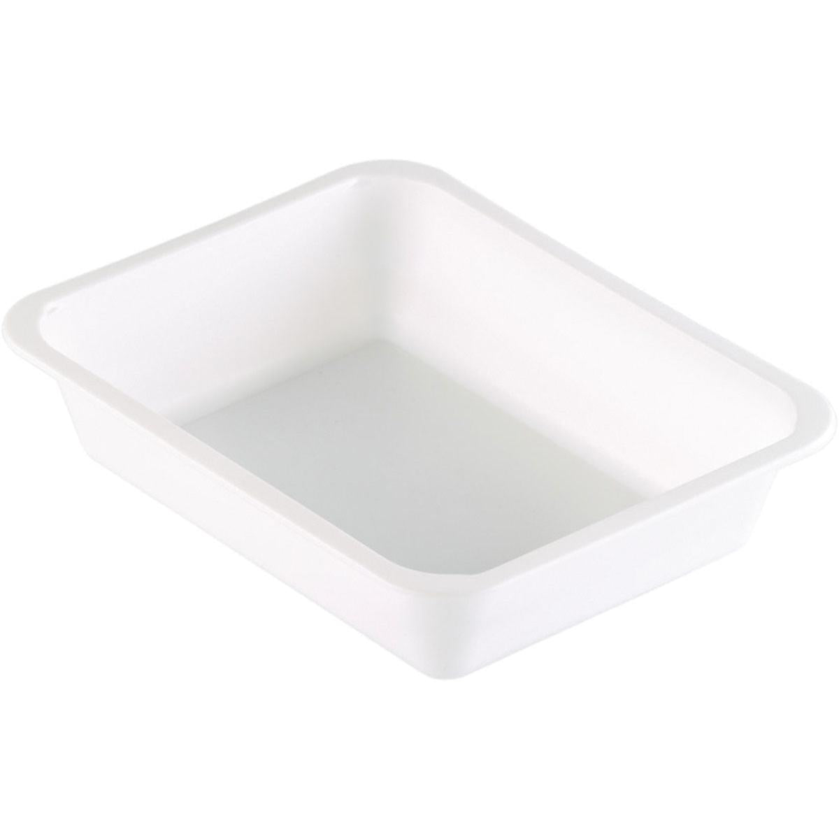 Η Duni GmbH PP-Schale Caterline 1 Weiß PP 227x178 είναι ένας ορθογώνιος, λευκός δίσκος με ελαφρώς στρογγυλεμένες γωνίες και επίπεδες πλευρές, σχεδιασμένος για ανάγκες εστίασης και απεικονισμένος σε απλό λευκό φόντο.