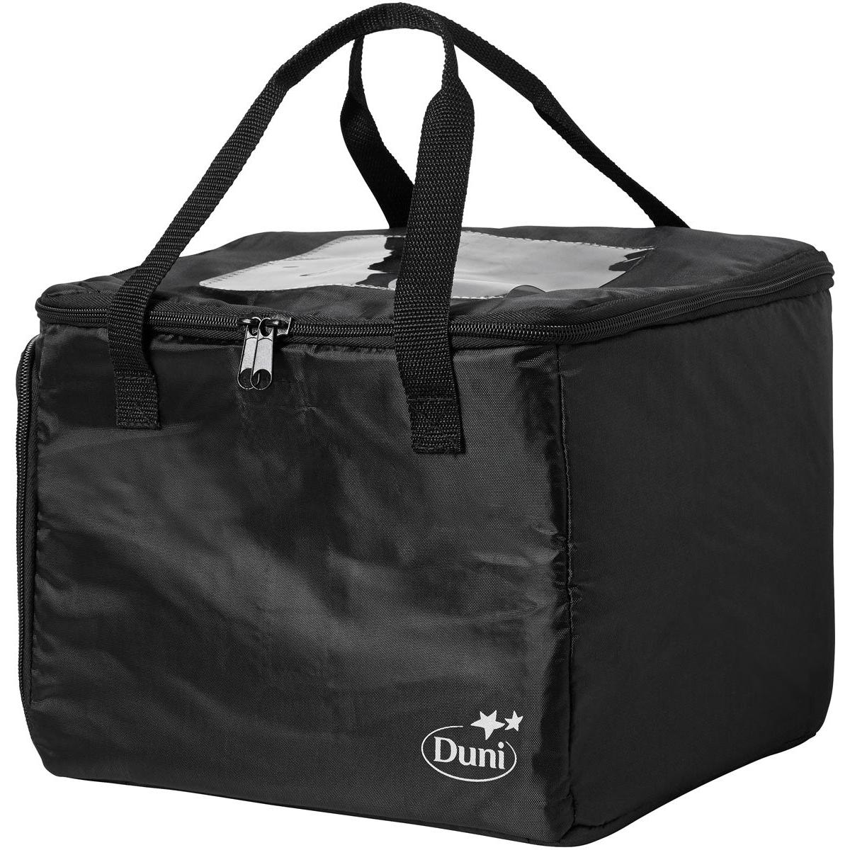 Schwarze Thermotasche 1 Schwarz Nylon 310x240x260 der Duni GmbH mit Reißverschluss, zwei Tragegriffen, transparentem Deckel und dem "Duni"-Logo mit zwei Sternen auf der Vorderseite. Packung (1 Stück).
