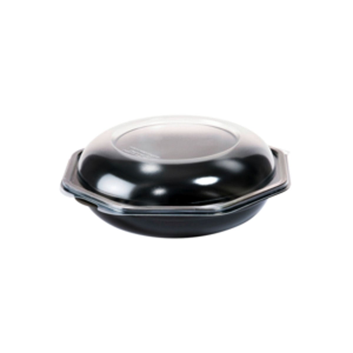 Ένα μαύρο Octabowl® (Duni GmbH, C&C Πακέτο με 149865) δοχείο μεταφοράς σε PS Μαύρο/Διαφανές, 190x190x71mm, με κυρτό καπάκι και μικρές πλευρικές λαβές - ιδανικό για την εστίαση ή την καθημερινή χρήση. Πακέτο: 20 κομμάτια. Απεικονίζεται σε λευκό φόντο.