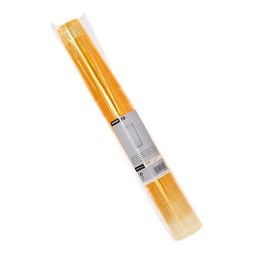 Ένας ρόλος διαφανούς πλαστικού περιβάλλει δέκα ποτήρια Starpak Longdrink (PS 0,3l, Ø5,85cm × 15,2cm) με μια λευκό-γκρι ετικέτα με το όνομα της μάρκας Starpak, πληροφορίες προϊόντος και γραμμωτό κώδικα στο κέντρο.