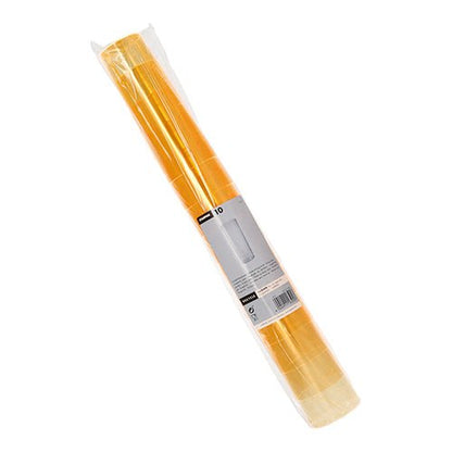 Ένας ρόλος διαφανούς πλαστικού περιβάλλει δέκα ποτήρια Starpak Longdrink (PS 0,3l, Ø5,85cm × 15,2cm) με μια λευκό-γκρι ετικέτα με το όνομα της μάρκας Starpak, πληροφορίες προϊόντος και γραμμωτό κώδικα στο κέντρο.