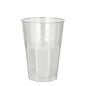 Ένα διάφανο ποτήρι Starpak Latte Macchiato από πλαστικό (0,3 l, 8 cm Ø, 11 cm ύψος) με κωνικές πλευρές και επίπεδο πάτο από το σετ Starpak 30 ποτηριών, με γυάλινη επιφάνεια, παρουσιάζεται μπροστά από ένα απλό λευκό φόντο.
