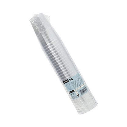 Μια στοίβα από 30 ποτήρια Starpak για Latte Macchiato, PS 0,3 l Ø 8 cm · 11 cm γυάλινη καθαρότητα (30 τεμάχια) είναι συσκευασμένη σε συρρίκνωση και έχει ετικέτα με πληροφορίες προϊόντος στο πλάι.
