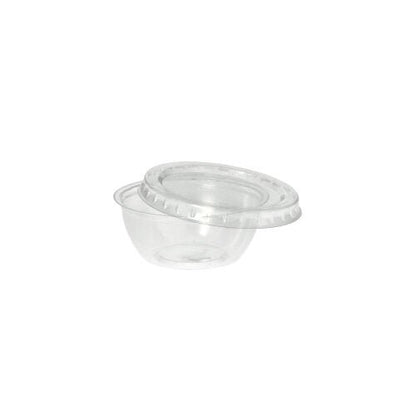 Ένα καθαρό, στρογγυλό 50ml Starpak PS Dressingschale με διαφανές καπάκι (Ø 6,7cm, Ύψος 2,7cm) είναι άδειο απεικονίζεται σε λευκό φόντο – ιδανικό για τη γαστρονομία, διαθέσιμο σε συσκευασίες των 100 τεμαχίων.